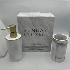 Sunday Citizen Bathroom Set Soap Dispenser & Toothbrush Cup - Marble Look Vanity